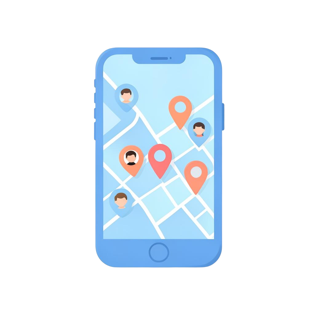 A phone showing the FamilyGuard family map with member pins
